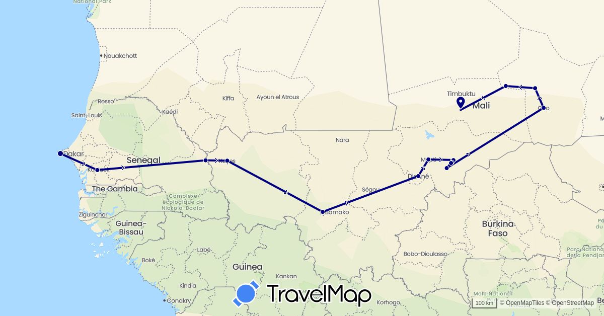 TravelMap itinerary: driving in Mali, Senegal (Africa)